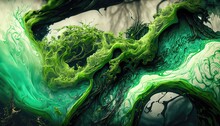 Stunning Picture Of Shades Of Green Liquid Ink Blending Together, With A Fantastic Quality And Realistic Texture. 3D Digital Illustration. Generative AI
