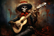 Skeleton In Mexican Costume And Sombrero Playing The Guitar. Generative Ai Illustration, Halloween And The Day Of The Dead Celebrating Concept