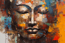 Oil Painting Buddha Face With Abstract Texture On Background. Generative Ai Wall Painting, Meditation And Art Concept.