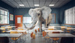 © tiero - elephant inside a modern school classroom.