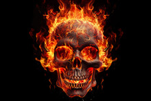 Fiery Human Skull On Black Background. Generative Ai Illustration Of Skull In Fire.