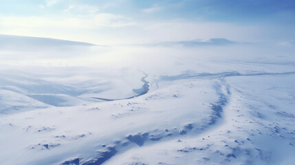 An aerial shot Ice flow Valley from helicopter view in winter. Panoramic view down an snow mountain landscape Generative ai