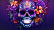 Colorful Skull On Bright Purple Background For Day Of The Dead, Sugar Skull Decorated Flowers, Dia De Muertos
