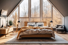 Generative AI Illustration Of Modern Bedroom Interior With Comfortable Bed And Placed On Rug Under Wooden Ceiling Near Panoramic Window Overlooking Trees In Apartment