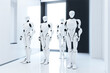 © ADDICTIVE STOCK - Generative AI illustration of group of white smart tall robots in human form standing in bright modern room against lighted entrance with dark walls