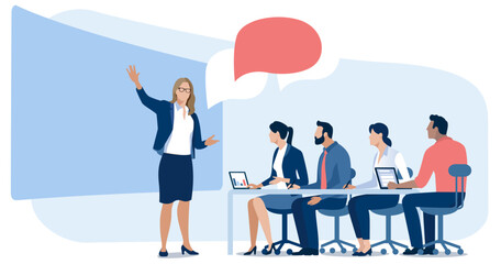 Wall Mural - Education, presentation. The teacher is giving a lecture. The team listens to the teacher, female leader. Vector illustration. 