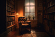 © ADDICTIVE STOCK - Generative AI illustration of old library with cozy armchair and book shelves with books arranged orderly in room with potted plants by window