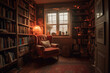 © ADDICTIVE STOCK - Generative AI illustration of old library with cozy armchair and book shelves with books arranged orderly in room with potted plants by window