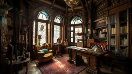 Wall Mural - Victorian style new age steampunk interior with staircase and library design generative ai