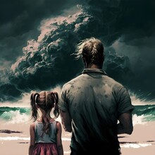 Father 40s And Daugther 12 Yo Islander Are On The Beach Moody They Are Watching The Waves Doomsday Foogy Islanders Hawaiians 