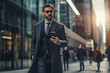 © ADDICTIVE STOCK - Generative AI image of confident bearded businessman in suit and sunglasses looking at camera while walking on city street and browsing smartphone