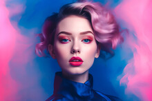 Generative AI Illustration Of Human Face Of Female Fashion Model With Pink Wavy Hair And Bright Makeup Against Blue Background With Neon Pink Smoke