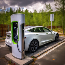 Generative AI illustration of electric charging station and parked contemporary white car in daylight against green trees along brick wall