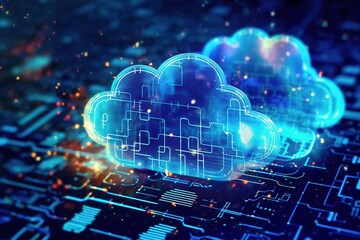 Wall Mural - Blue circuit board background. Cloud Network Solution digital background. generative ai