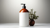 Fototapeta  - Amber shampoo bottle mockup stark white backdrop,  background with green plants, mockup for design