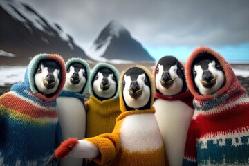 Wall Mural - Group of penguins in winter clothes standing in a row on the beach