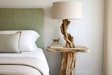 Natural Log Lampshade Near Bed. Rustic Interior Design Of Modern Bedroom. Created With Generative AI