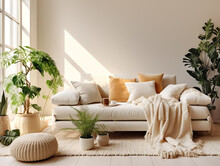 White Sofa With Plaid And Cushions On Knitted Rug Against Of Grid Window Between Green Houseplants. Scandinavian, Hygge Interior Design Of Modern Living Room. Created With Generative AI