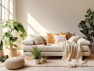 white sofa with plaid and cushions on knitted rug against of grid window between green houseplants. 
