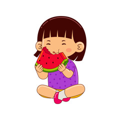 girl kids eating watermelon vector illustration