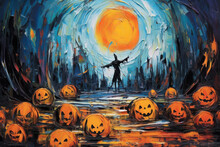 A Crowd Of Carved Pumpkins And Halloween Shepherd Walking At Night, Halloween Concept. Generative Ai Illustration Oil Painting Of Halloween Celebrating.