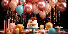 Geburtstagstorte Mit Vielen Rosa Und Blauen Luftballons Und Kerzen Auf Dem Tisch Dekoriert, Ai Generativ