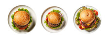 Delicious Burger On A Plate Isolated On Transparent Background. Fresh Tasty And Appetizing Cheeseburger. Tasty Burger Top View