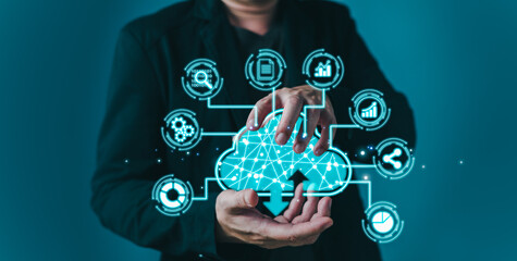 man holding icon cloud computing diagram show on hand. data storage.cloud technology.secure backup and consistency networking and internet service concept.implementing storage technology in business