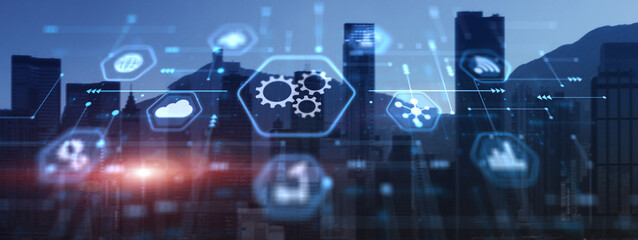 Wall Mural - gear icons on modern city background. business concept for software technology automation system