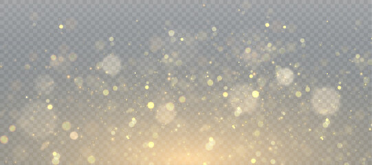 abstract magic light dust effect with golden bokeh highlights on transparent background. christmas l