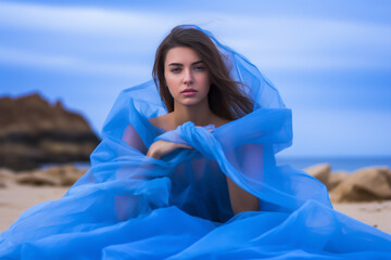 Fashion model woman with blowing blue dress posing on the beach, outdoors. Generative ai fashion photorealistic illustration