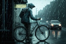 Cyclist In The Rain In The City. Generated By AI.