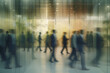 © Lazy_Bear - Silhouettes of group of people in business office with motion blur effect. Crowd of unrecognizable people walking in building with glass facade. City life. Created with Generative AI