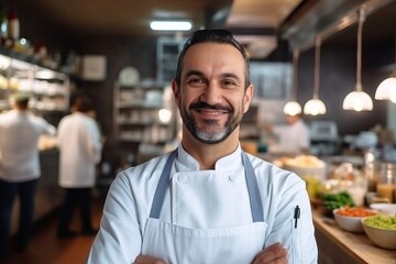 Wall Mural - Portrait of smiling male chef standing with arms crossed in restaurant kitchen