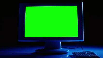 Computer with green screen in blue tones.