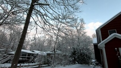 Wall Mural - backyard, garden and house covered with snow after the snowstorm in February at the end of afternoon