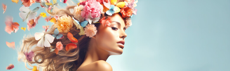surreal abstract woman portrait with flowers over head on blue background. summer colors. concept of