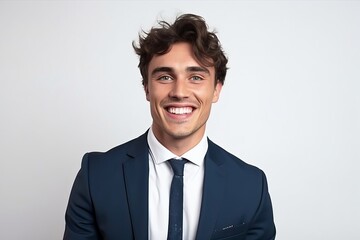 Wall Mural - Portrait of a smiling young businessman looking at camera isolated on a white background