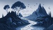 Magic Landscape Volcano Mountains Line Art Generative AI
