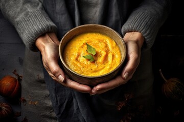 Wall Mural - Rustic photo of pumpkin soup. Illustration AI Generative.