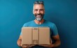 happy man with delivery box in beard
