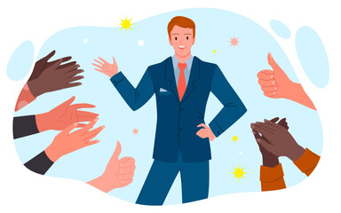 Cartoon people clap and congratulate, appreciate man with positive gestures, public praise, applause for good job. Hands of business team applaud to confident businessman in suit vector illustration