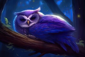 Poster - majestic purple owl perched on a tree branch in the midst of a lush forest