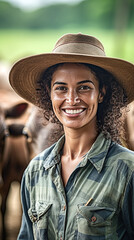 Wall Mural - Brazilian woman smiling, cattle farmer, is standing in front of her cattle, farm background, natural light background, aspect ratio 5:7, ideal for digital and social media communication