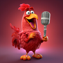 3d Rooster Singing To The Microphone. Empty Copy Space For Text. Generative AI.