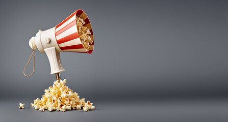 popcorn making an announcement with megaphone. Concept of new movie announcement or cinema night. Empty Copy Space for text. Generative AI.