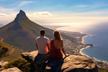 A Couple Sitting On Mountain With View Of Lions Head Mountain Cape Town Summer Hike