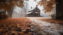 Hyper - Realistic Photograph, Capturing The Transition From Autumn To Winter, Colorful Falling Leaves Blending With The Early White Snow, A Foggy Backdrop With A Rustic Barn In The Distance,