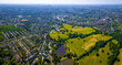 Aerial view of Hampstead Heath, a grassy public space and one of the highest points in London, England