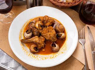 Poster - Service plate containing stewed rabbit meat and snails in bouillon with necessary table laying
